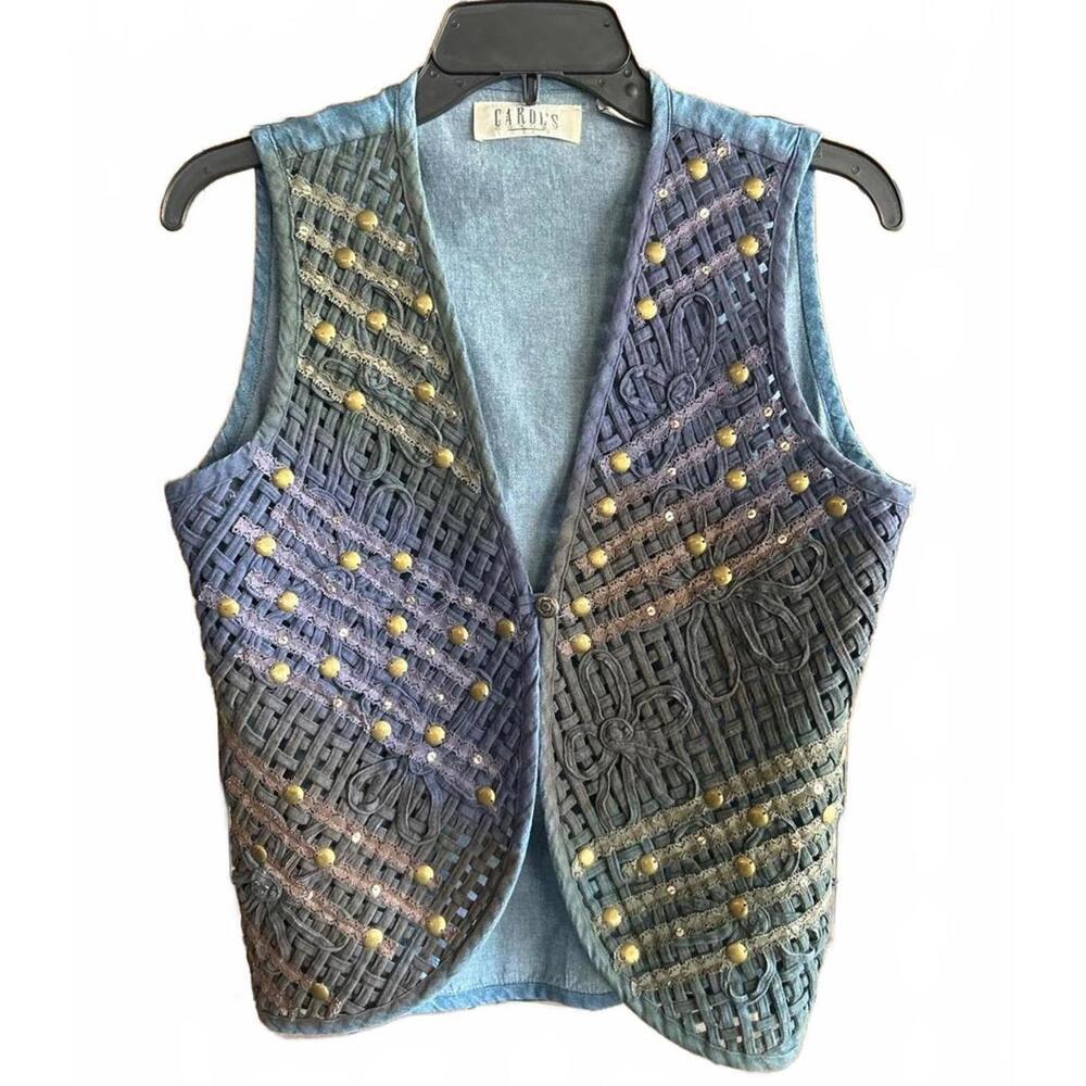 Vintage Carol’s Corner Denim Lattice Vest Floral Embroidery Lace Size S Western